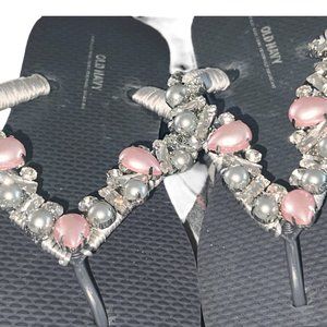 Beach Flip Flops, Pink Faux Pearls Grey Crystal Rhinestones, Wedding| Flower Gir
